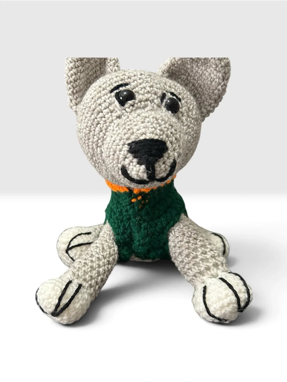Cream Crochet Dog Toy with Green Sweater and Orange Collar
